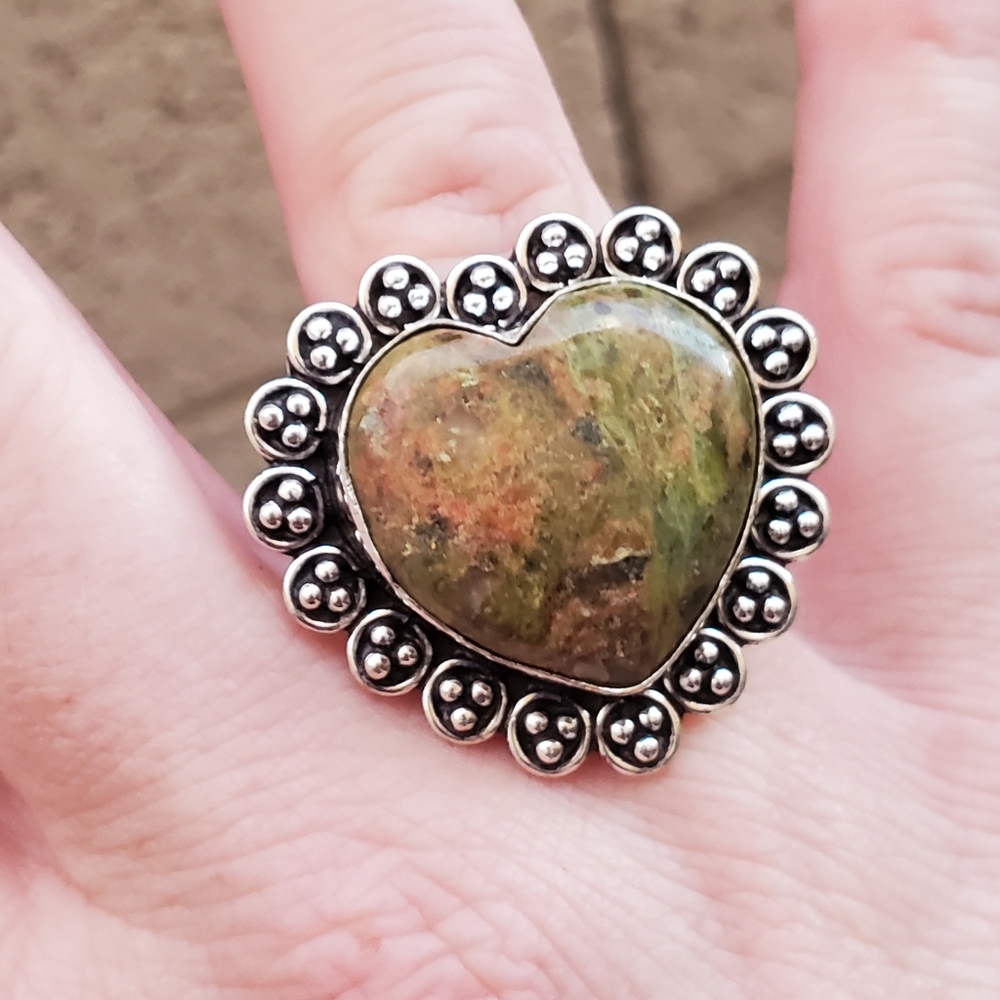 New Heart Shaped Unakite Silver Ring.